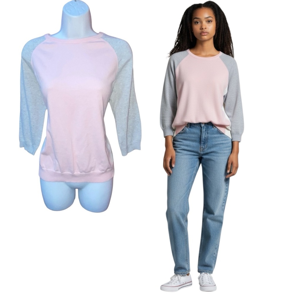 Lands’ End Pink Gray White Raglan Lightweight Knit Top - Women’s Medium 10-12
